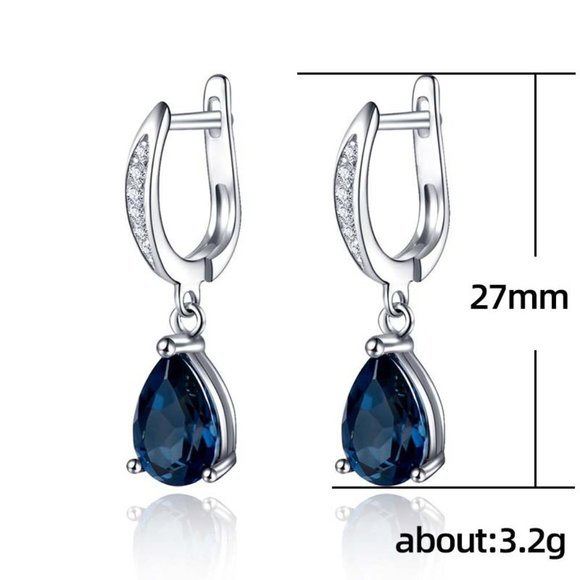925 Silver Plated Blue Crystal Water Drop Shaped Earrings, FB16FA1159 - Picture 3 of 3